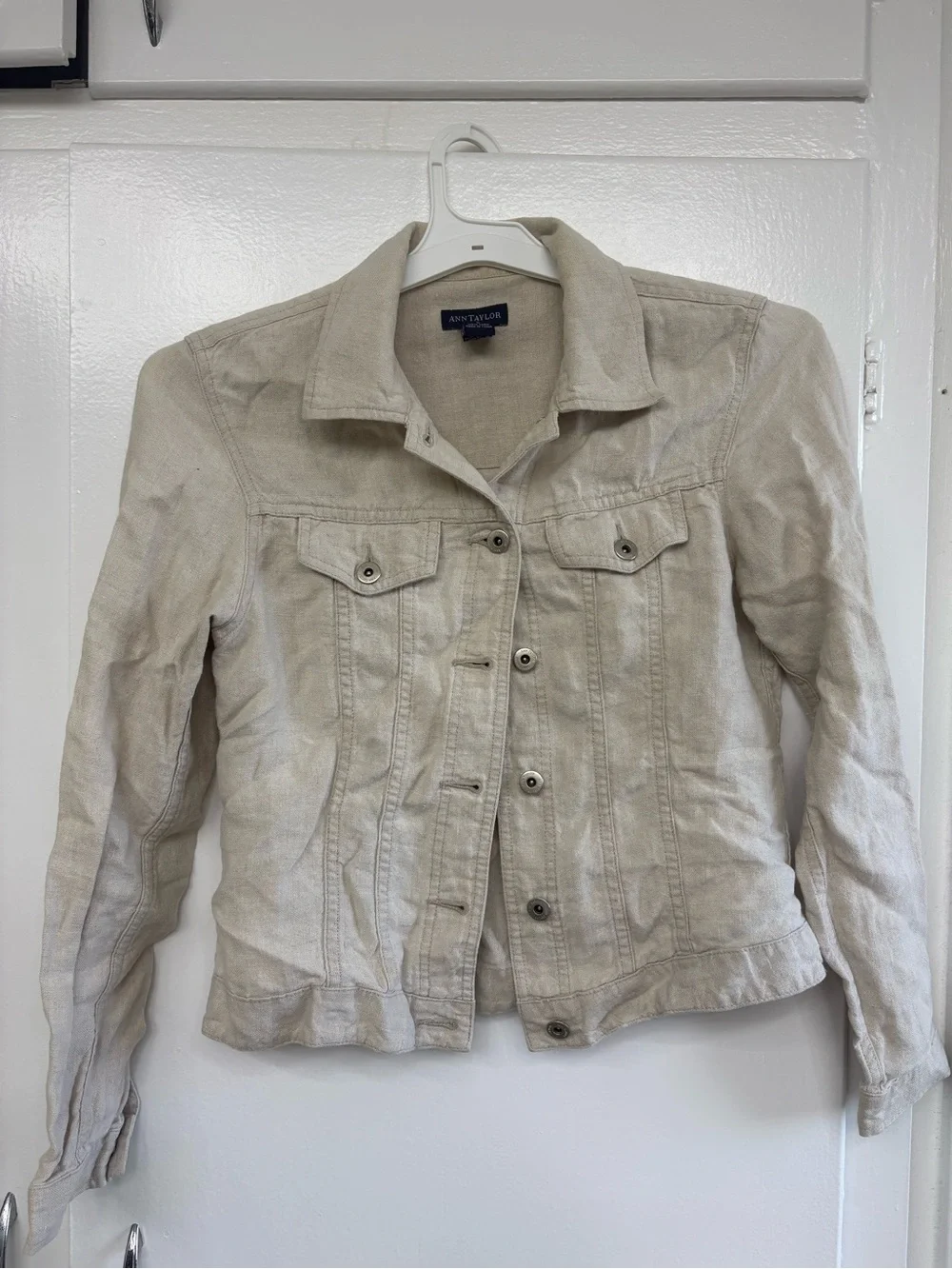 Ann Taylor Light Cream Denim Jacket with Pocket Flaps